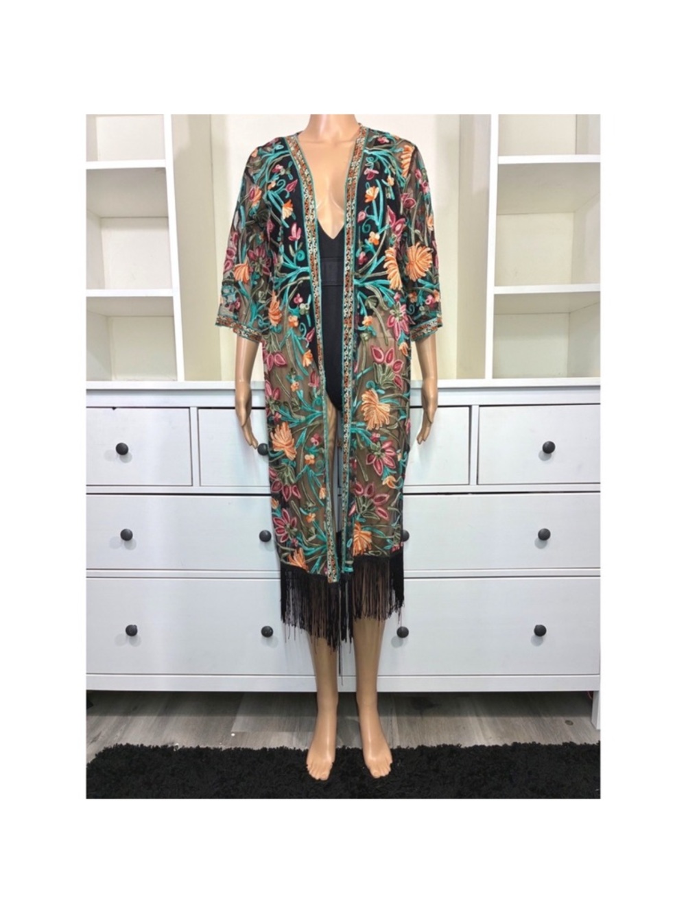 Rebellion AgaiFloral Embroidered Sheer Kimono with Fringe - Black/Teal/Pink